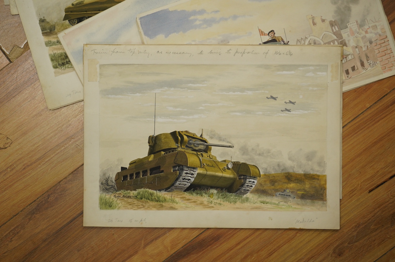 Alan Anderson, set of eight original WWII watercolours for postcard designs, Military vehicles to include ‘Cromwell Tank’, Matilda Infantry Tank’, ‘Churchill Heavy Infantry Tank’ and ‘Crusader Tank’, each with original c